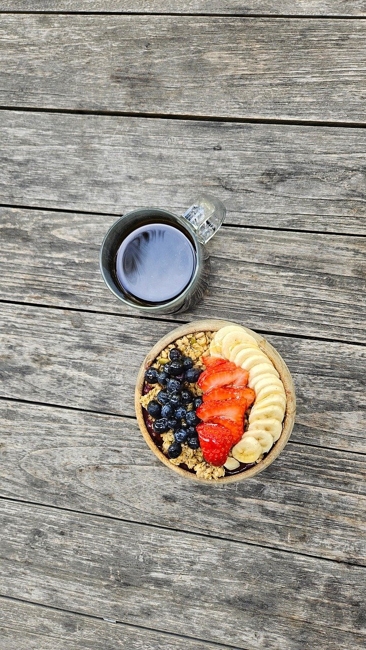 fruit, acai, healthy, bowl, food, breakfast, nutrition, coffee, strawberry, banana, granola, blueberry, rustic