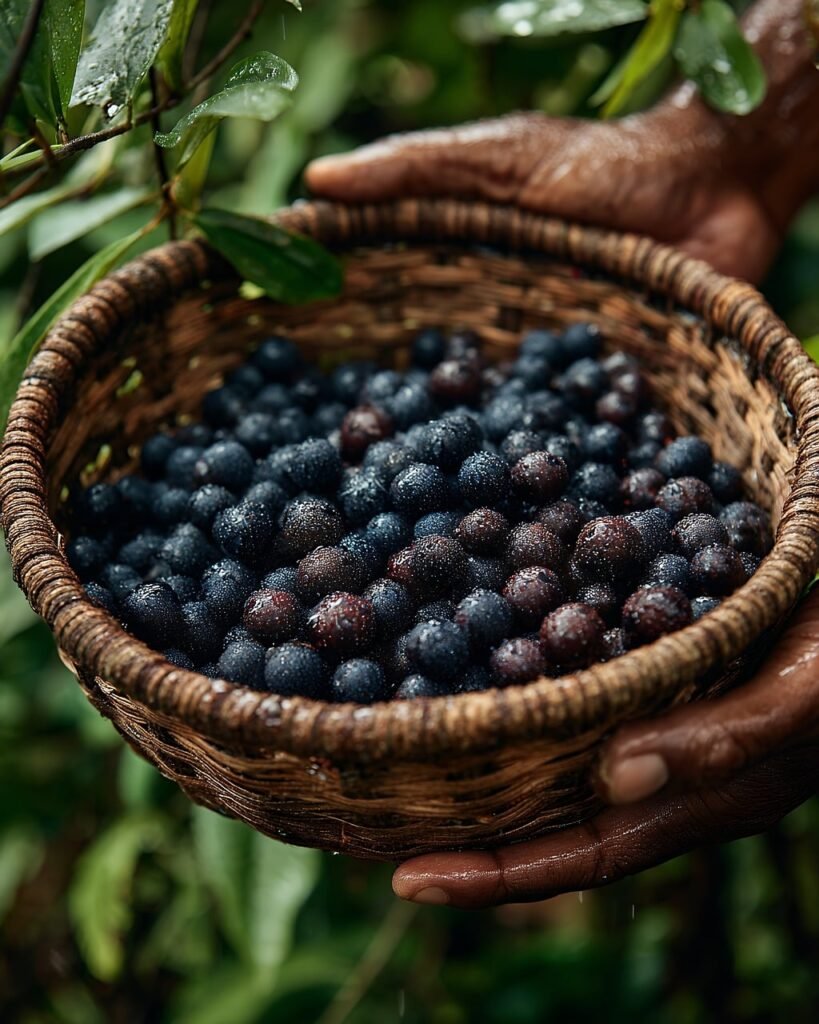 acai, berry, harvest, basket, woven, hand, holding, fruit, food, fresh, agriculture, brazil, amazon, rainforest, healthy, diet, superfood, organic, nutrition, ingredient, raw, vegan, vegetarian, antioxidant, ai generated