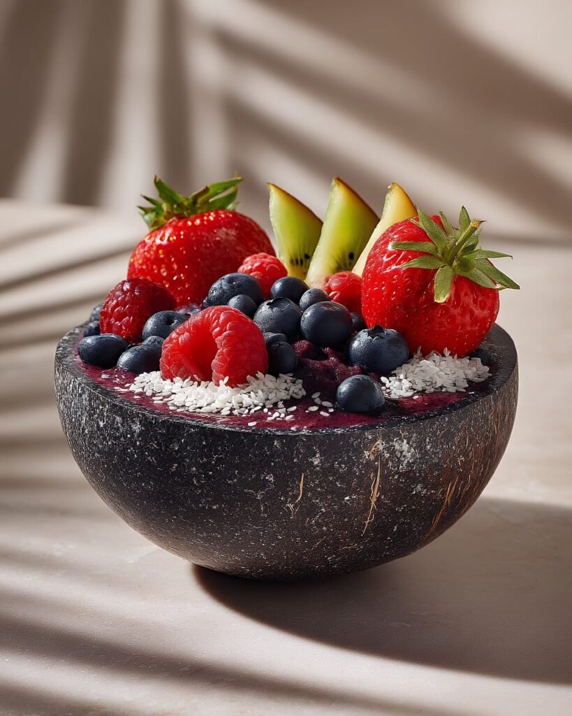 acai, bowl, fruit, tropical, berry, strawberry, raspberry, blueberry, kiwi, coconut, garnish, healthy, food, breakfast, dessert, snack, organic, raw, vegan, vegetarian, diet, nutrition, ai generated